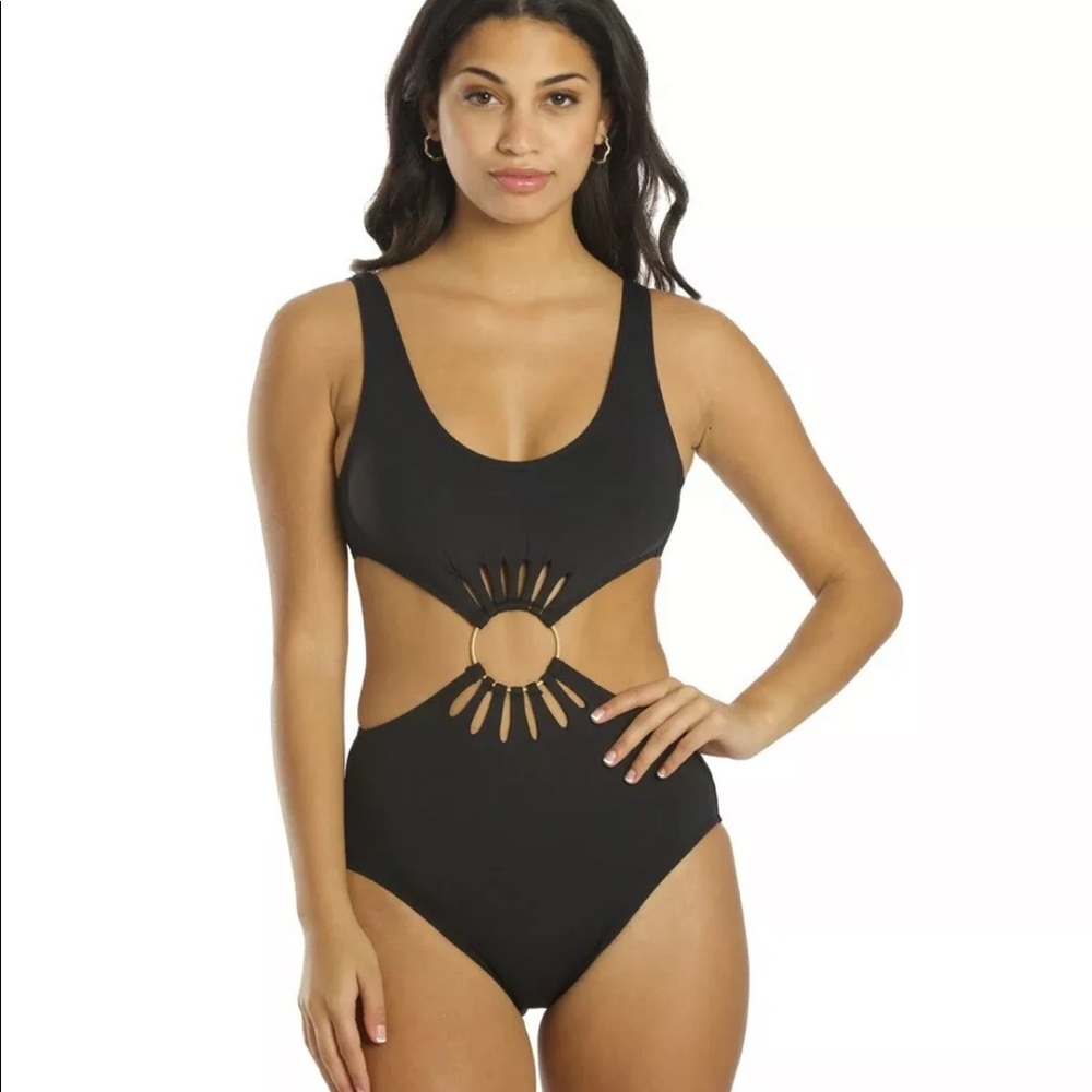 Vince Camuto Serengeti Shades Logo Ring Cutout One Piece Swimsuit Size 10: Blk